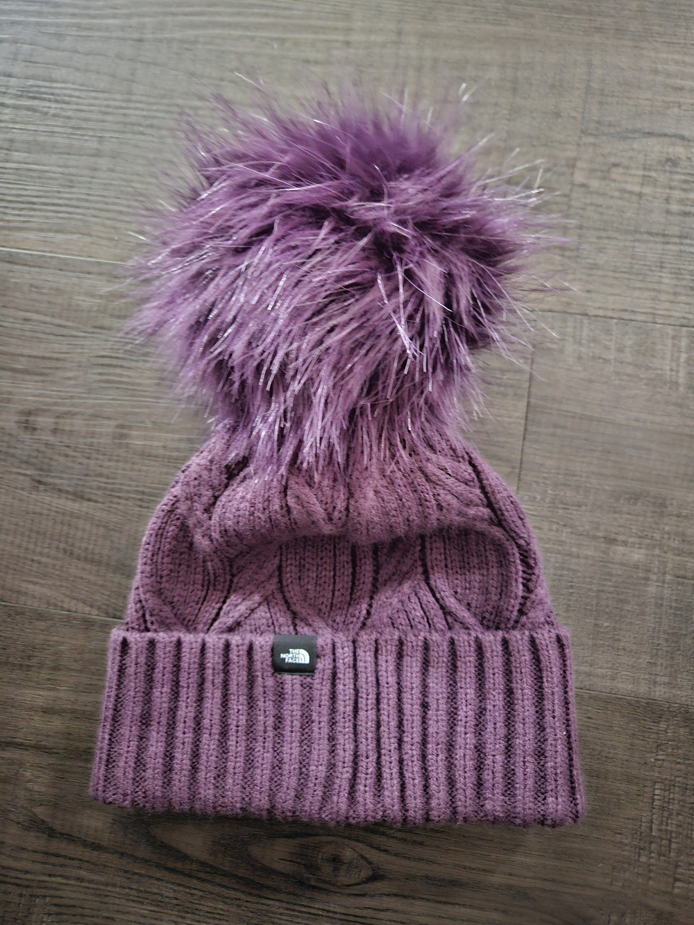 The North Face Women's Oh-Mega Fur Pom Beanie Cable Knit Hat Purple OS
